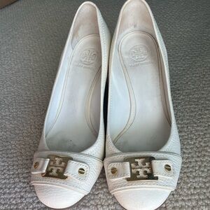 Tory Burch white wedges with gold hardware